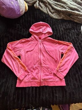 Pink Velour Zip-Up Hoodie w/ Striped Sleeves